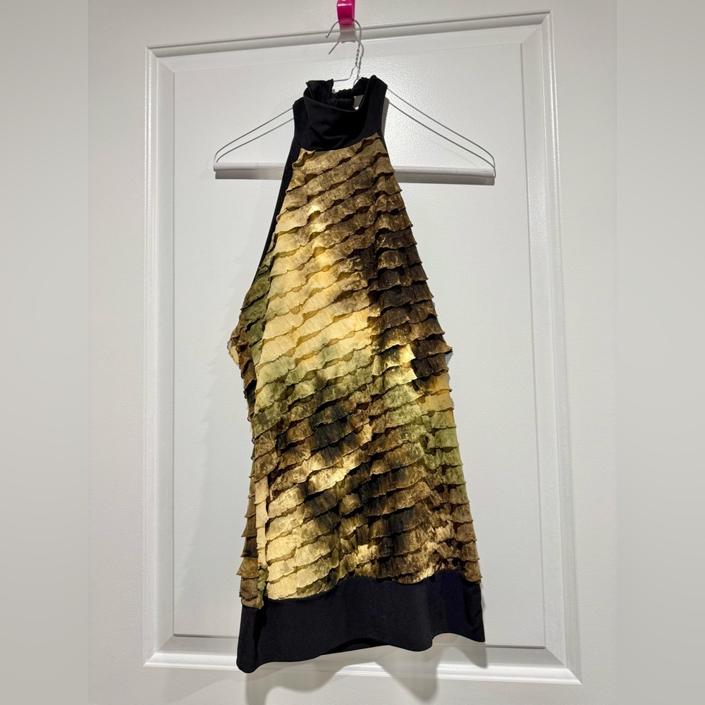 Stunning Layered Ruffle Hem Sleeveless Halter Chiffon Blouse. High neck w/tie